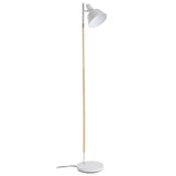 Modern white floor lamp with wooden stem and angled lampshade, upright on round base