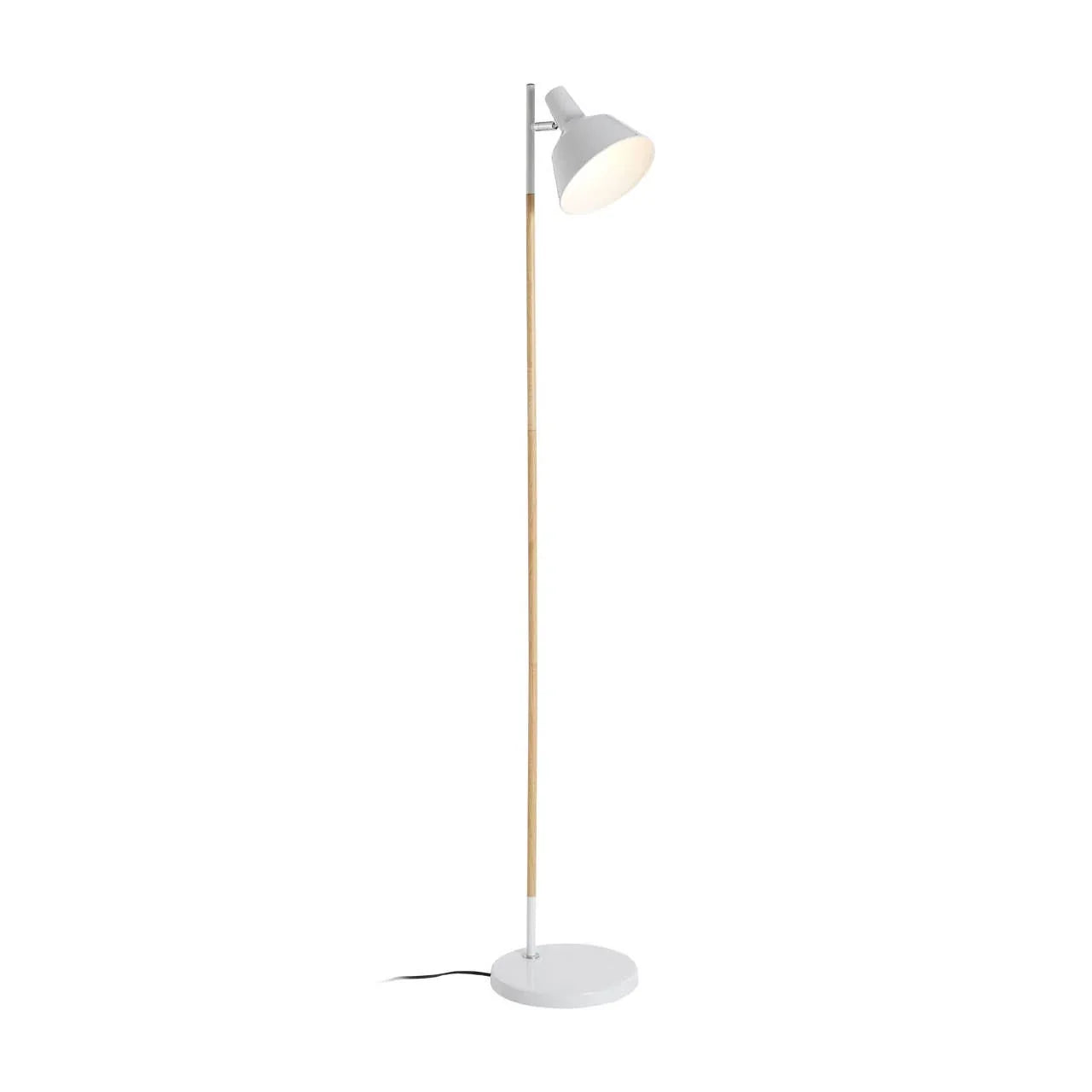 White floor lamp with wooden stem and round base, angled lampshade, modern design
