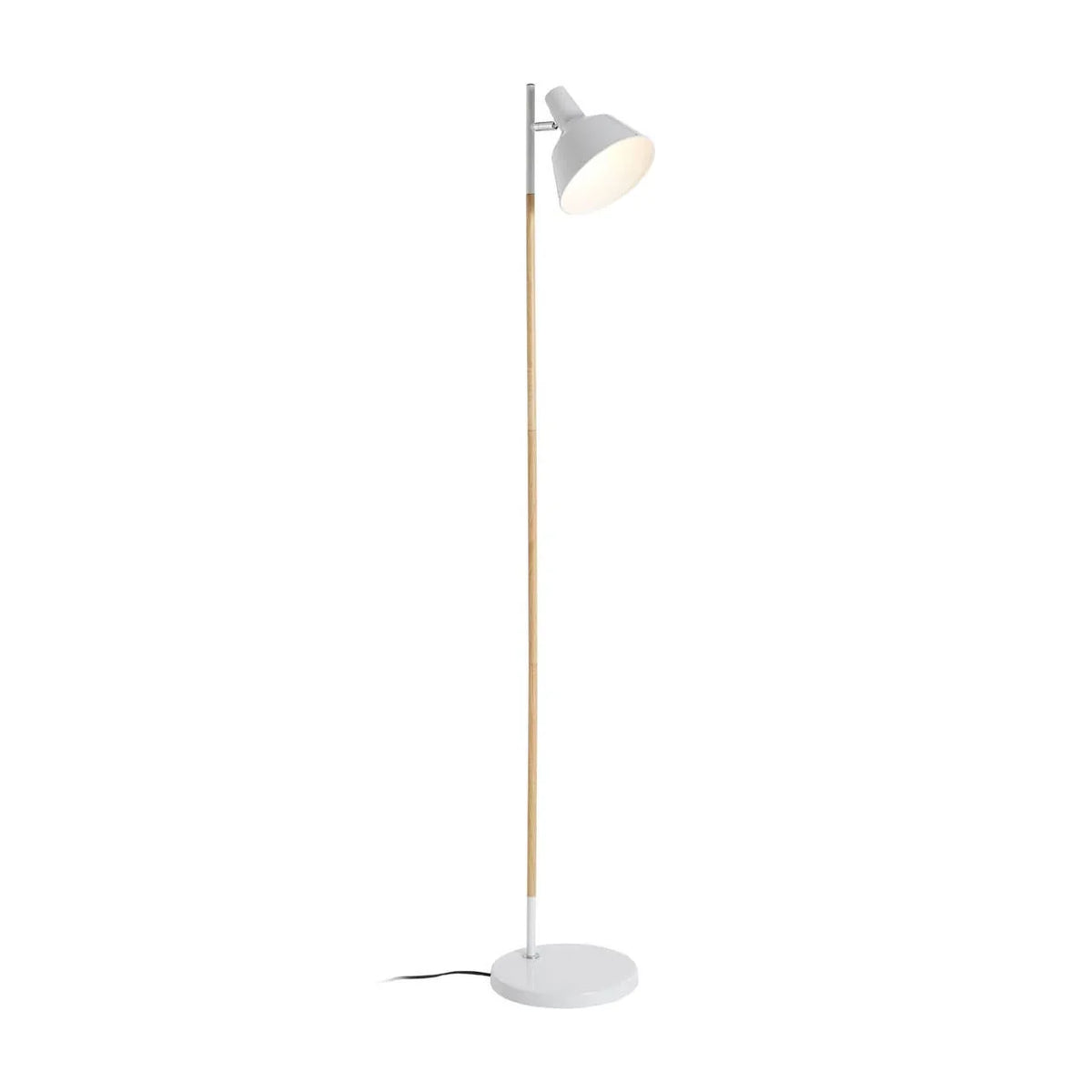 White floor lamp with wooden stem and round base, angled lampshade, modern design