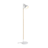 White floor lamp with wooden stem and round base, angled lampshade, modern design