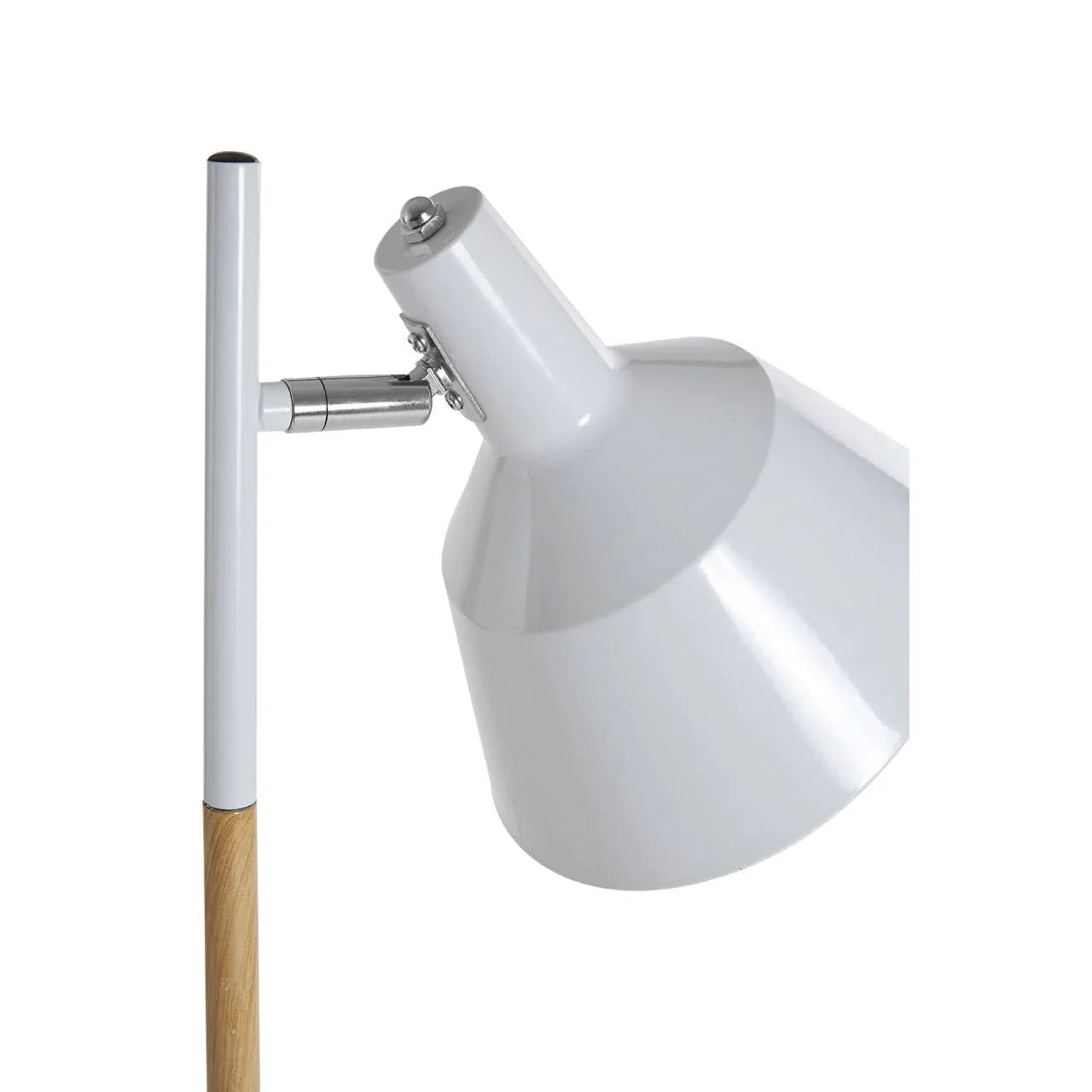 White metal floor lamp with adjustable head and wood accent on stem