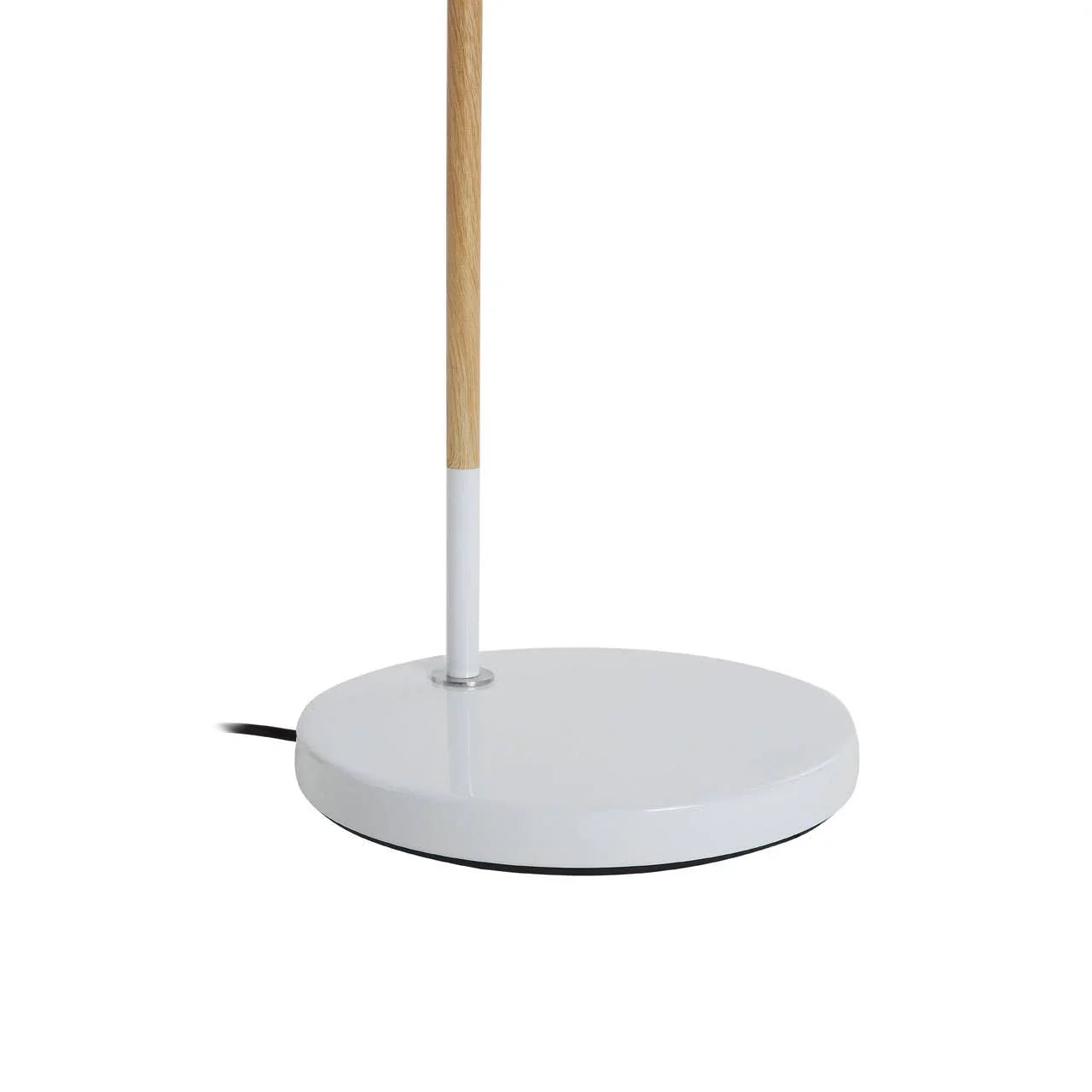 White round lamp base with wood accent and black cord on white background