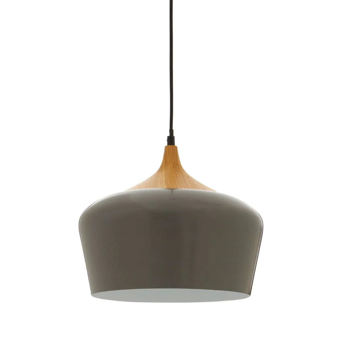 Grey pendant light with smooth metal shade and wood detail, modern ceiling lighting