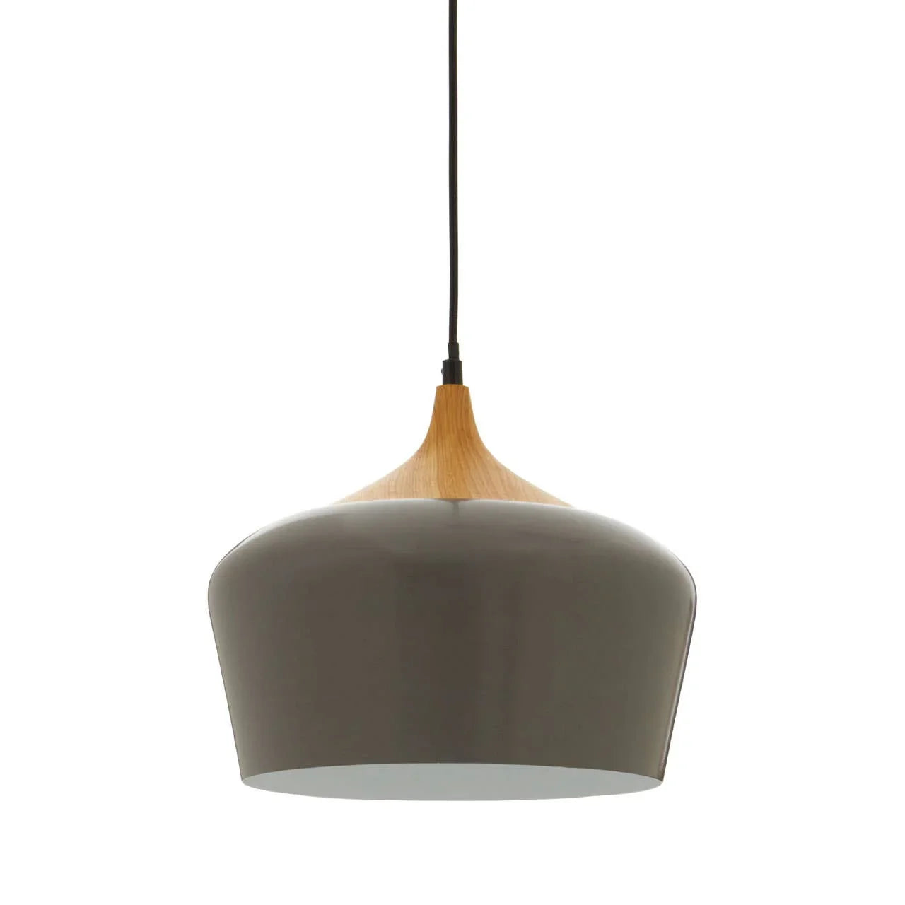 Grey pendant light with smooth metal shade and wood detail, modern ceiling lighting
