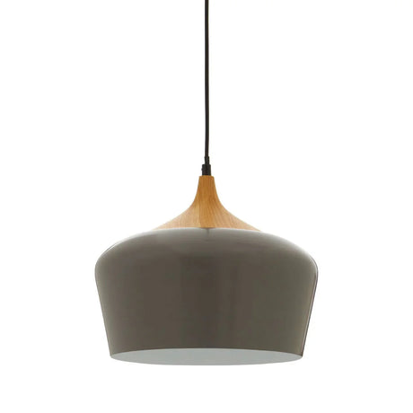 Grey pendant light with smooth metal shade and wood detail, modern ceiling lighting