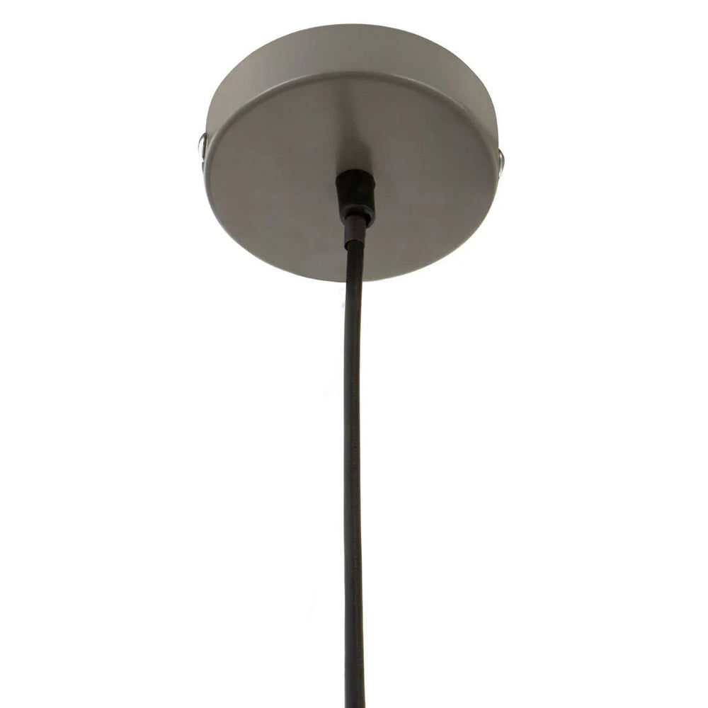 Close up of brushed metal ceiling light fitting with black pendant cord