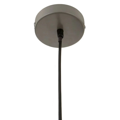 Close up of brushed metal ceiling light fitting with black pendant cord