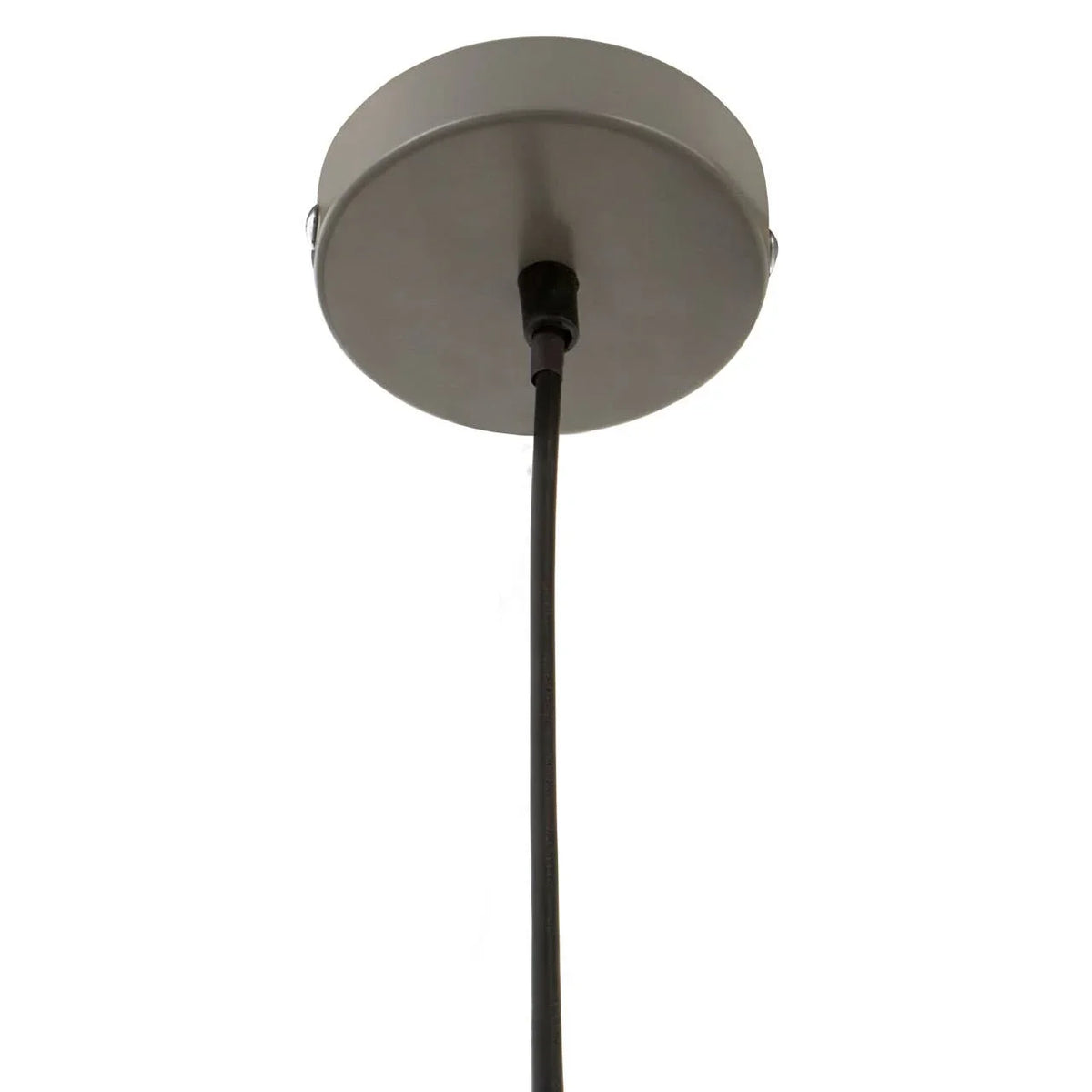 Close up of brushed metal ceiling light fitting with black pendant cord