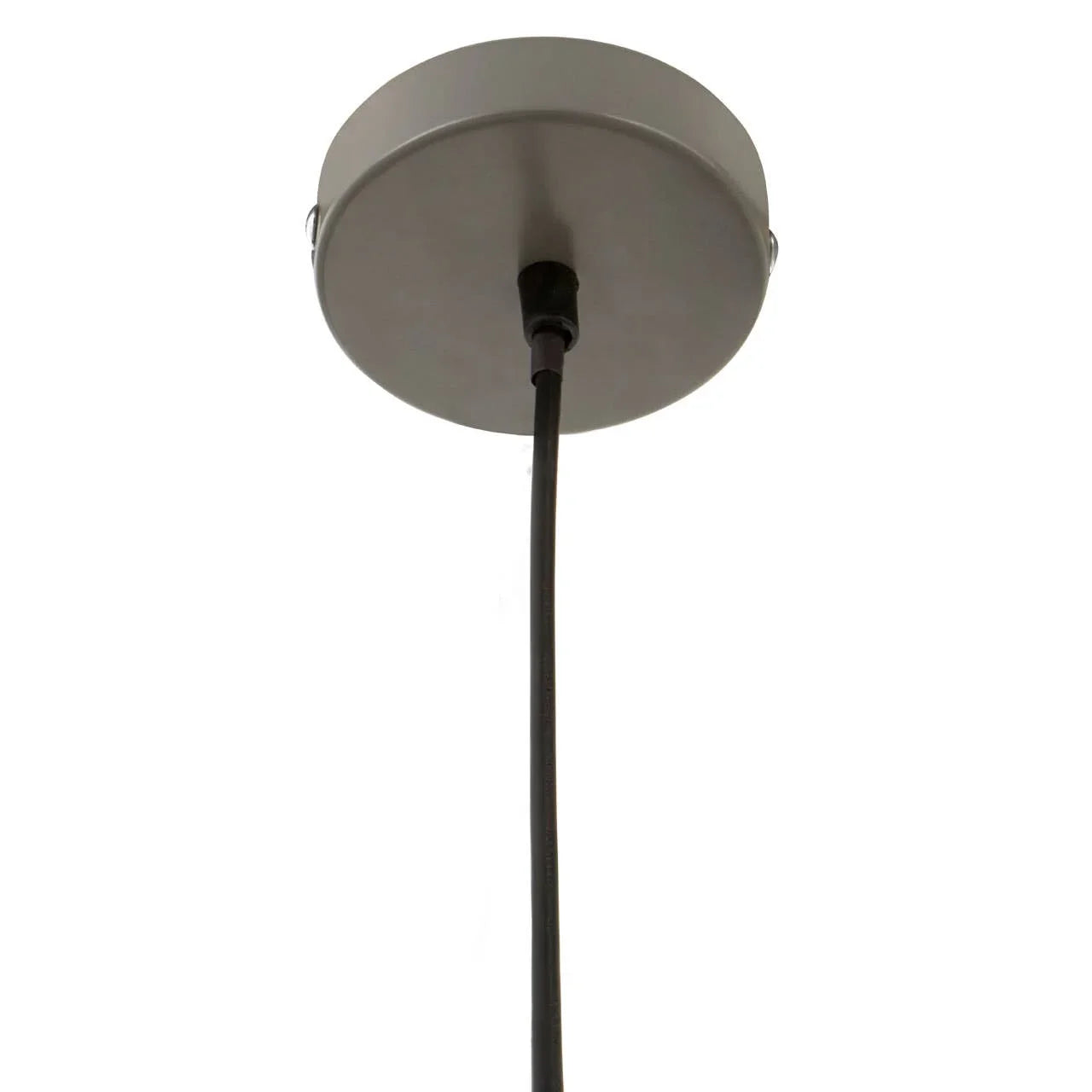 Close up of brushed metal ceiling light fitting with black pendant cord