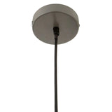 Close up of brushed metal ceiling light fitting with black pendant cord
