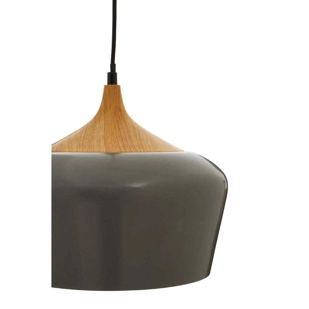 Grey metal and wood pendant light with black cable, close-up side view