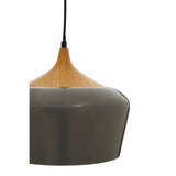 Grey metal and wood pendant light with black cable, close-up side view