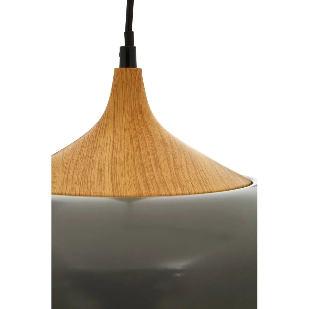 Modern pendant light with wood effect top and glossy grey shade, close-up view