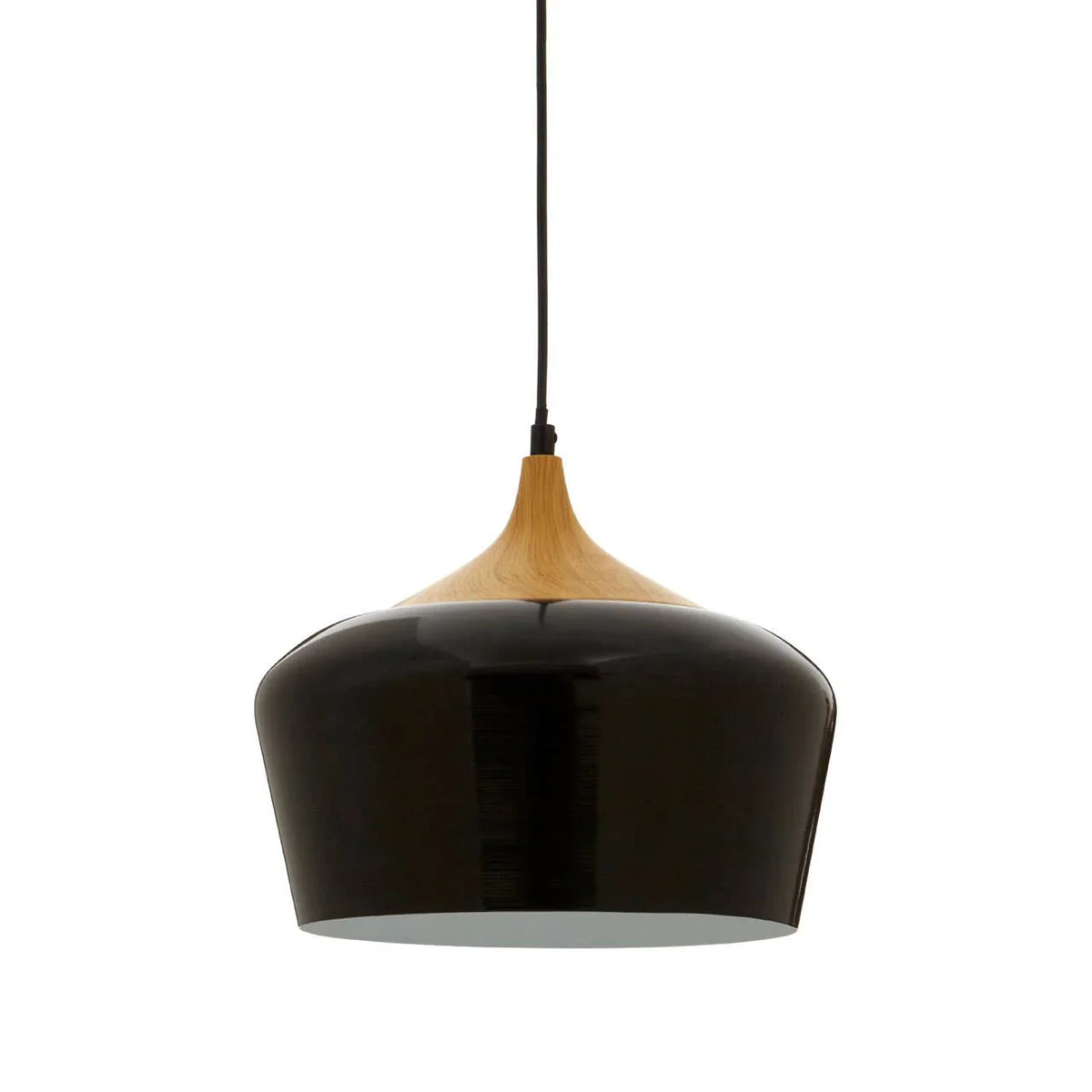 Black and wood modern pendant light with smooth finish, suspended from ceiling