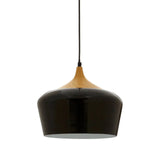 Black and wood modern pendant light with smooth finish, suspended from ceiling