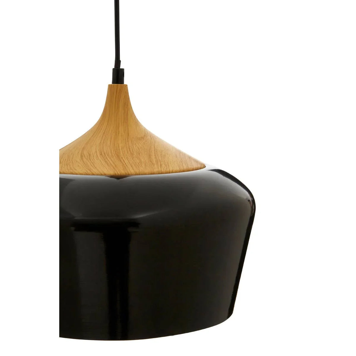 Black pendant ceiling light with wood effect top and glossy metal shade, close-up view