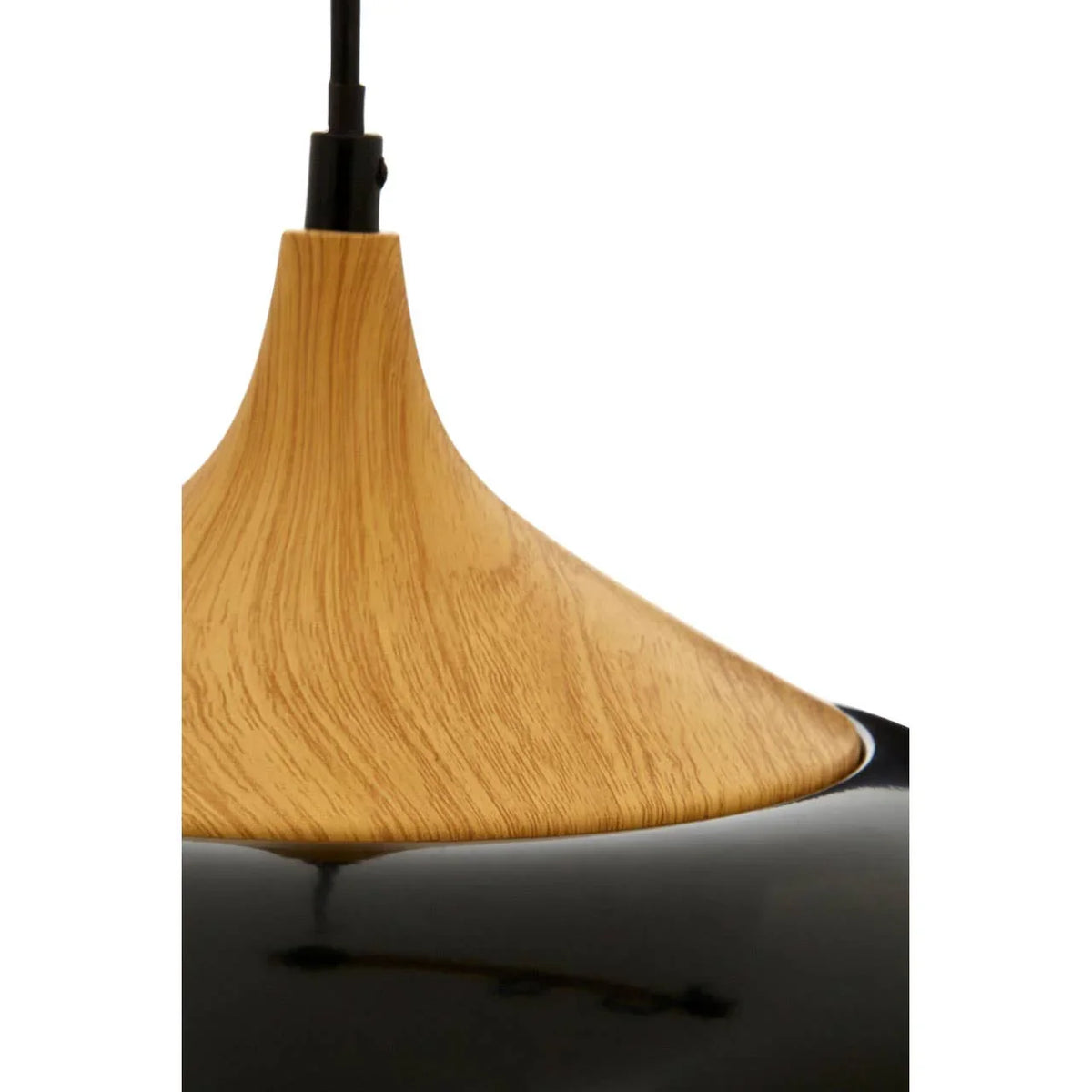 Pendant light with wood-effect top and glossy black shade, close-up detail