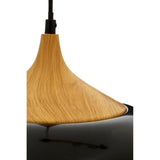 Pendant light with wood-effect top and glossy black shade, close-up detail