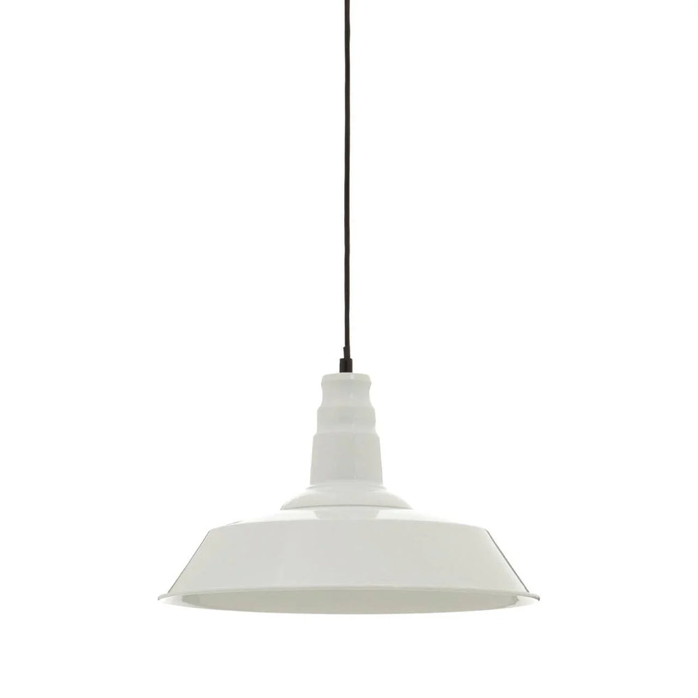 White metal pendant ceiling light with black cord, modern industrial style