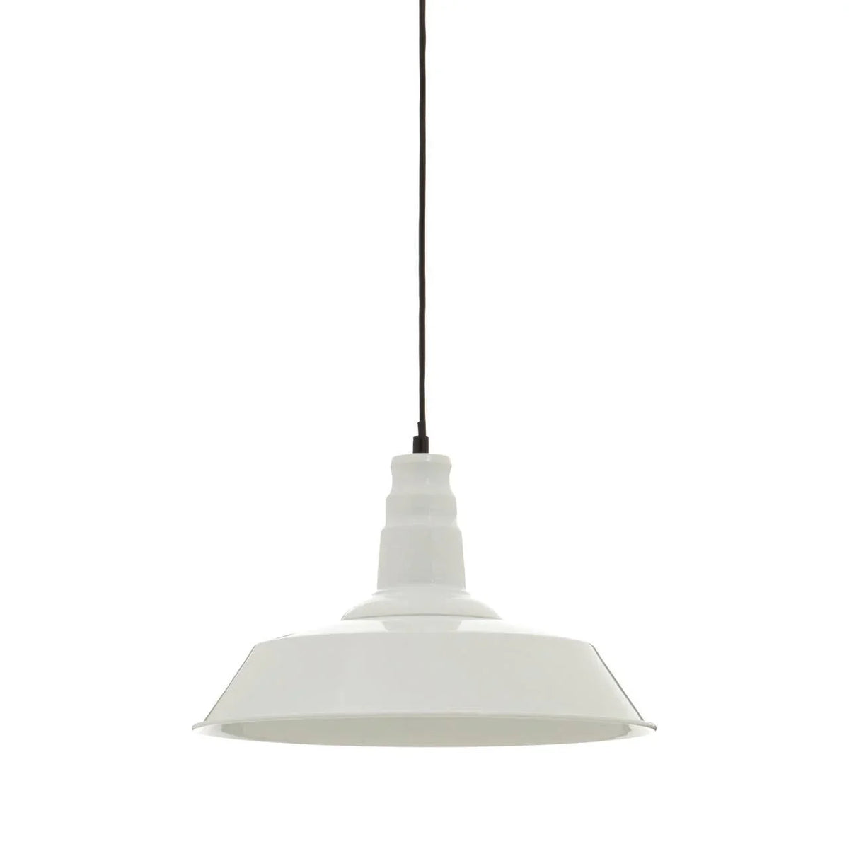 White metal pendant ceiling light with black cord, modern industrial style