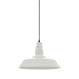 White metal pendant ceiling light with black cord, modern industrial style