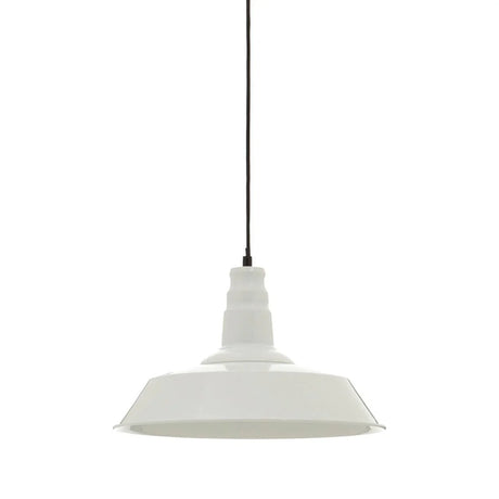 White metal pendant ceiling light with black cord, modern industrial style