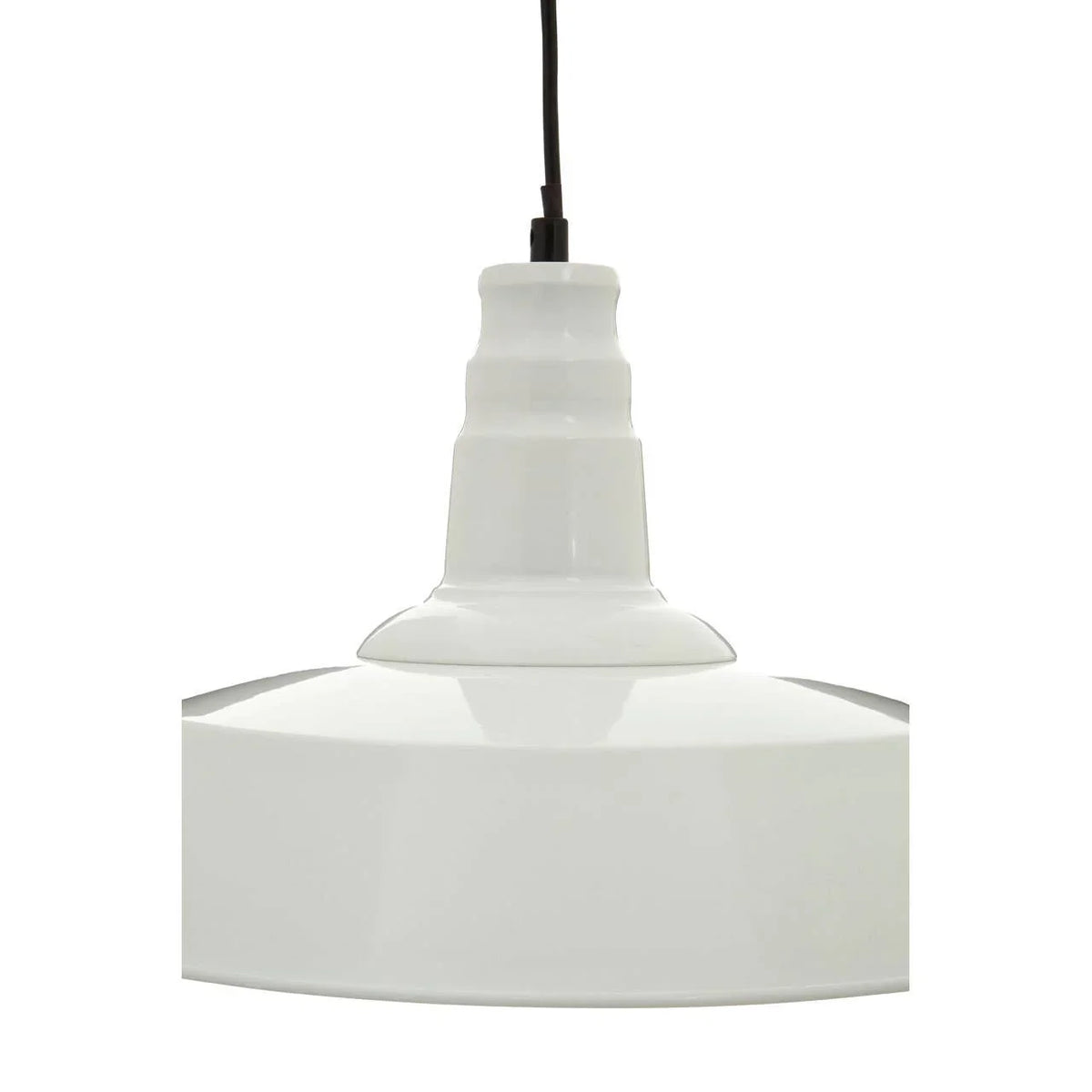 White metal pendant ceiling light with glossy finish and black hanging cable