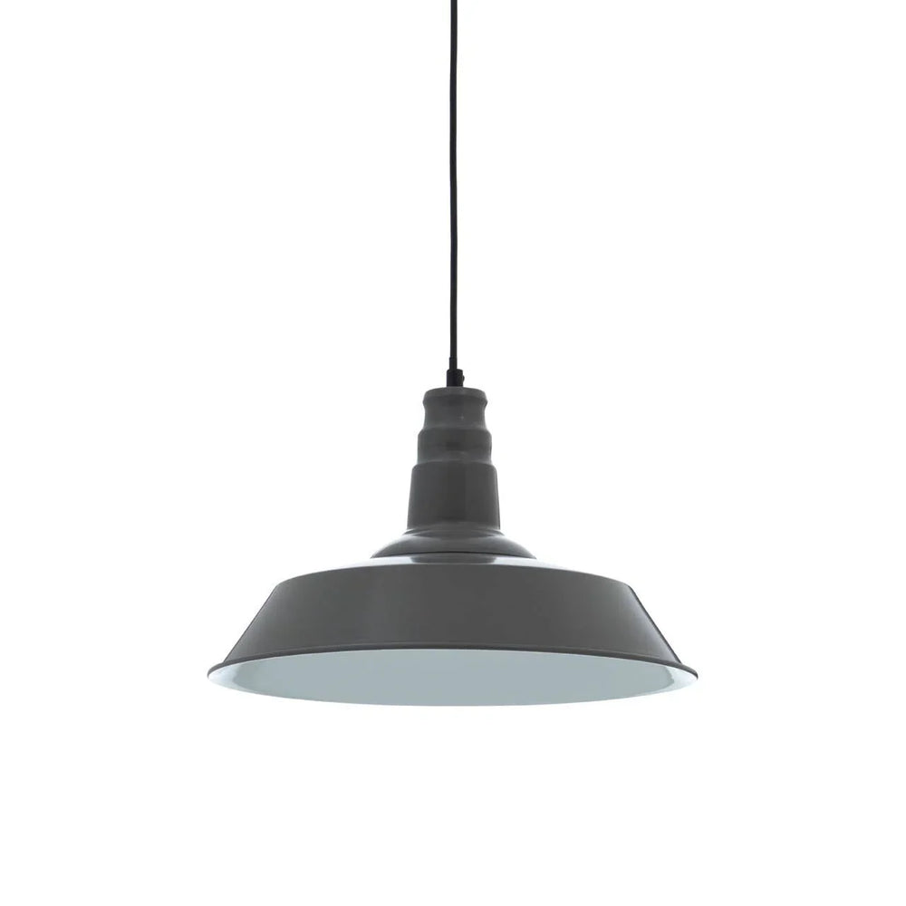 Black metal pendant ceiling light with wide shade and black cord against white background