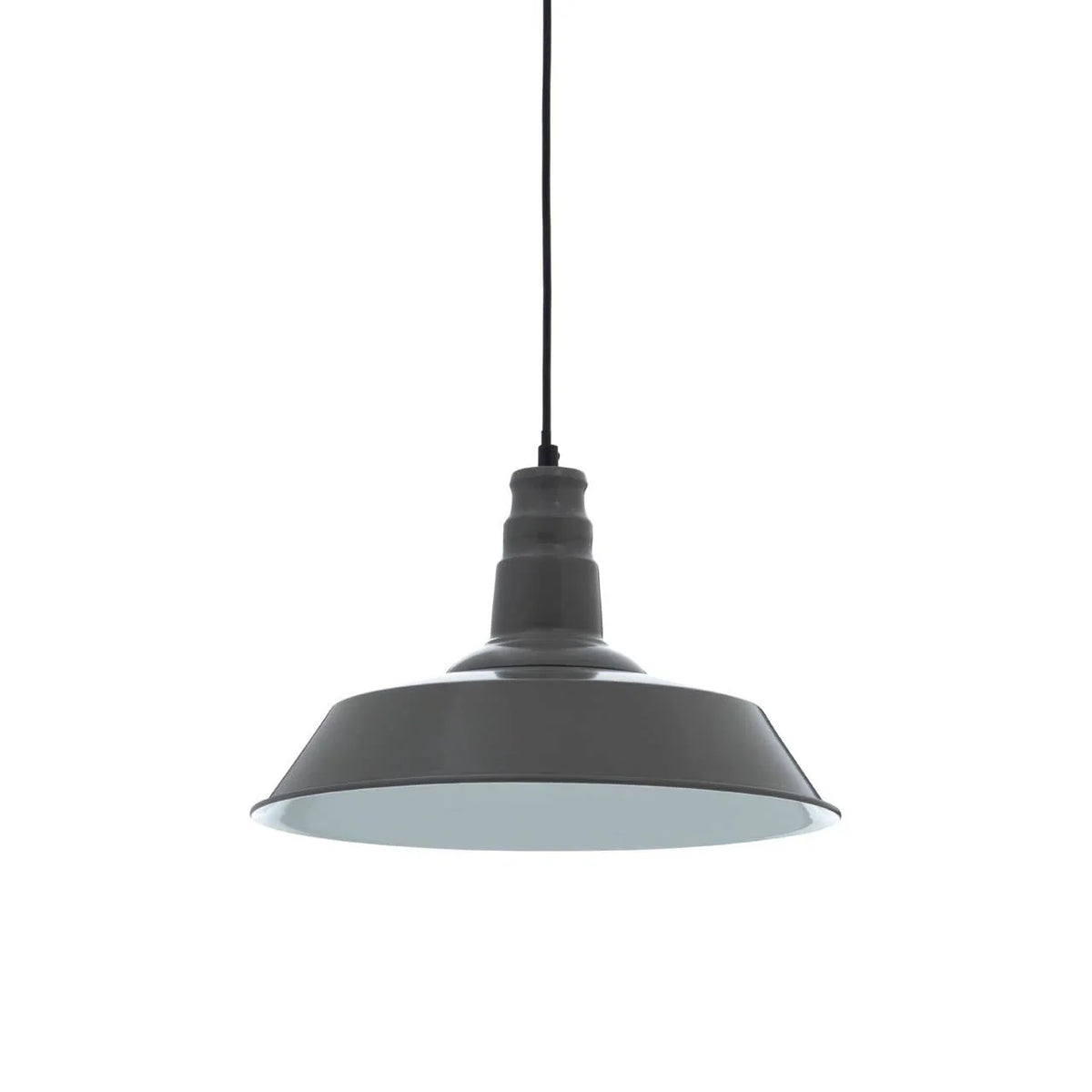 Black metal pendant ceiling light with wide shade and black cord against white background