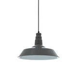 Black metal pendant ceiling light with wide shade and black cord against white background