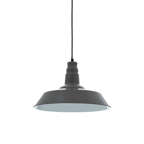 Black metal pendant ceiling light with wide shade and black cord against white background