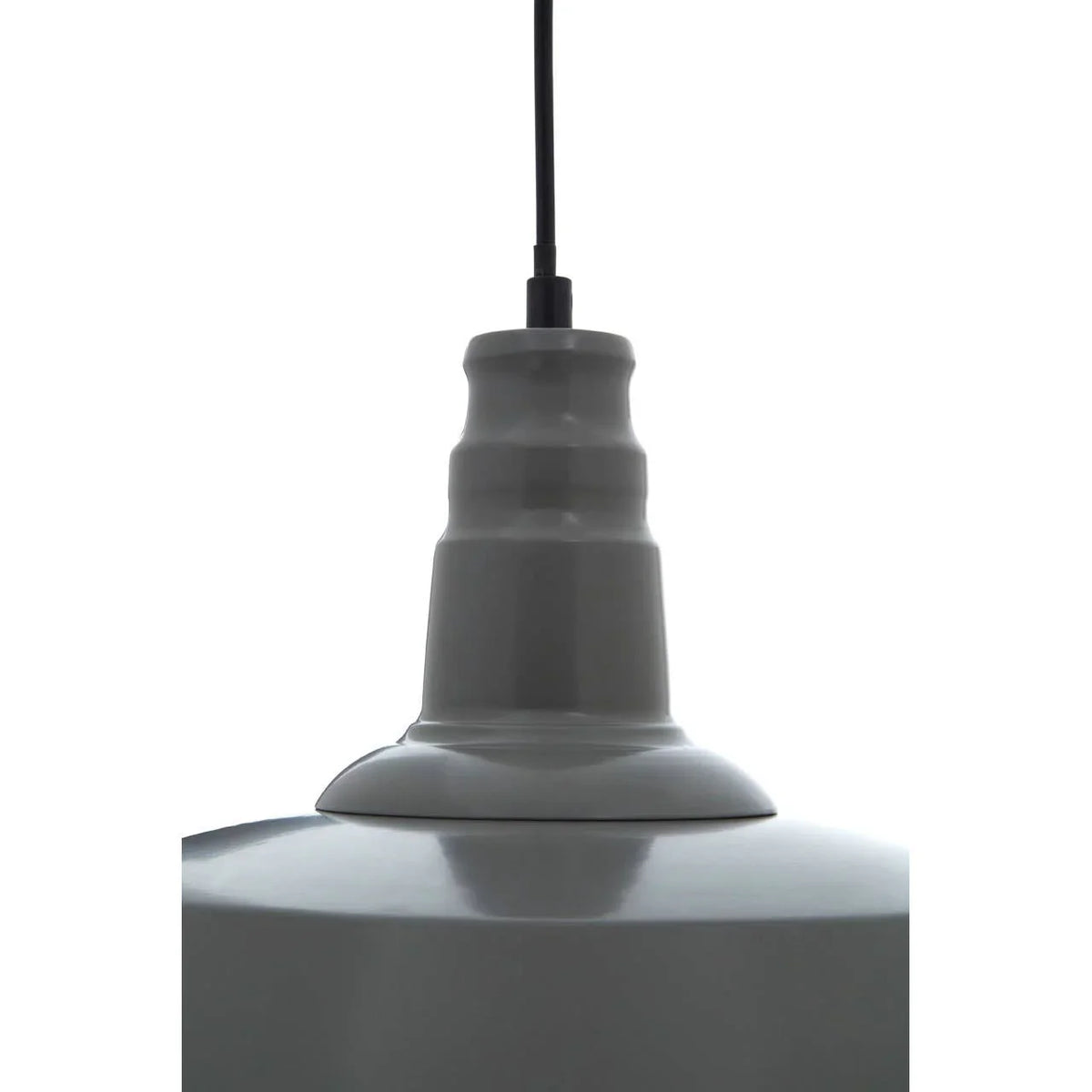 Grey pendant ceiling light with gloss finish and black cord, close-up view