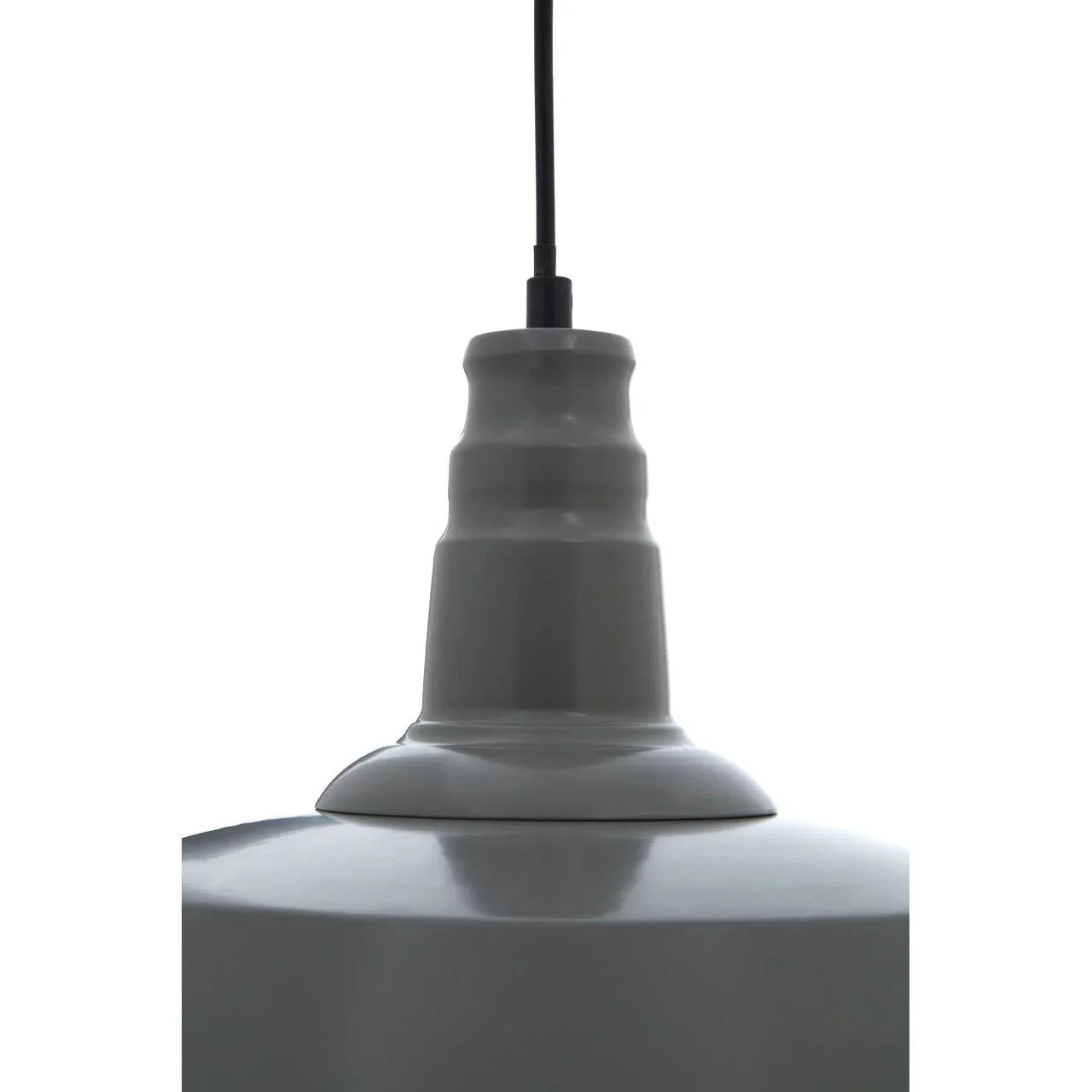Grey pendant ceiling light with gloss finish and black cord, close-up view