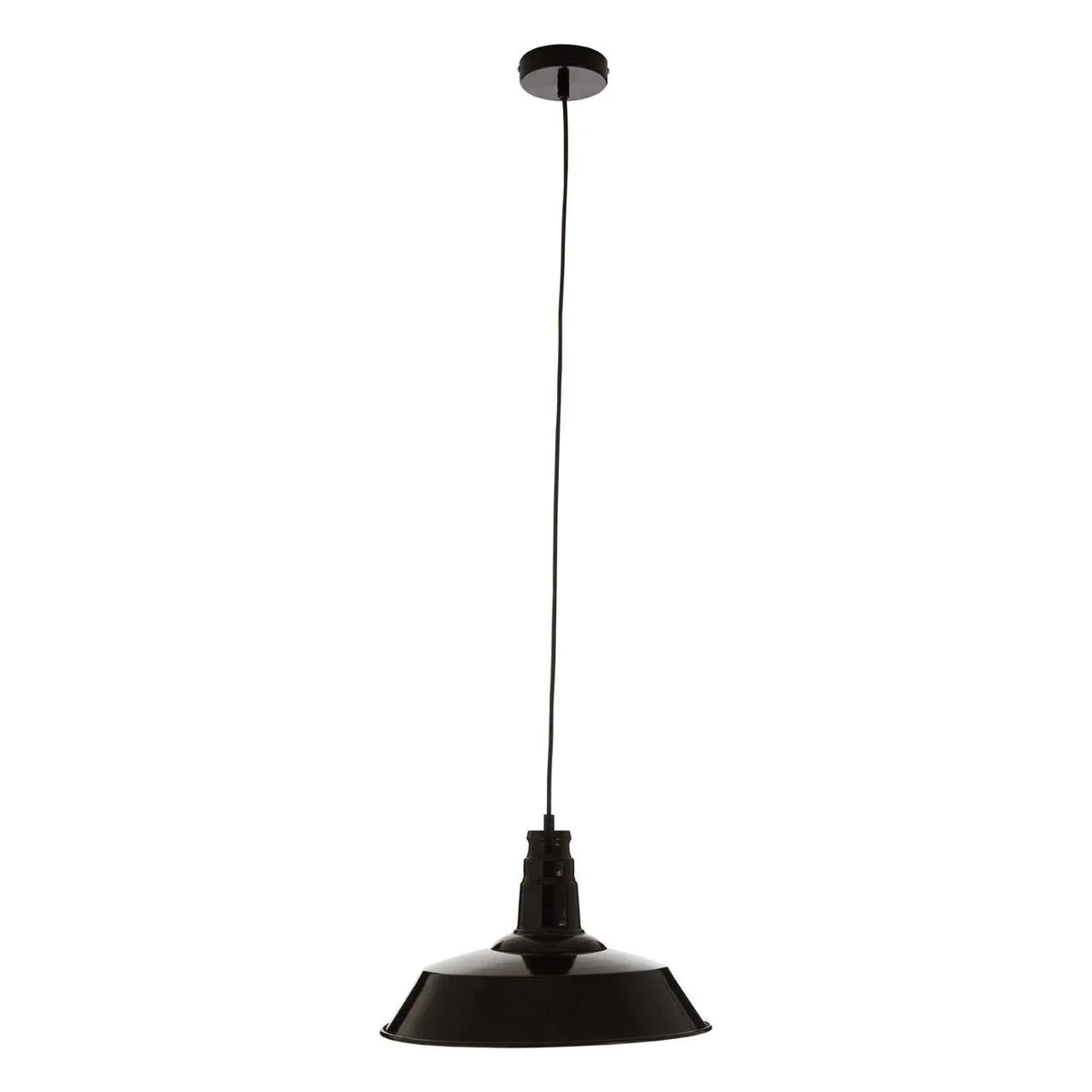 Black metal pendant ceiling light with long cord and round shade on white background