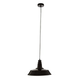 Black metal pendant ceiling light with long cord and round shade on white background