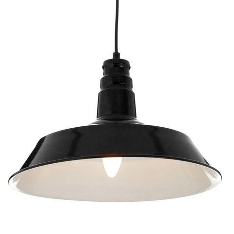 Black metal pendant ceiling light with wide shade and visible bulb, hanging fixture front view