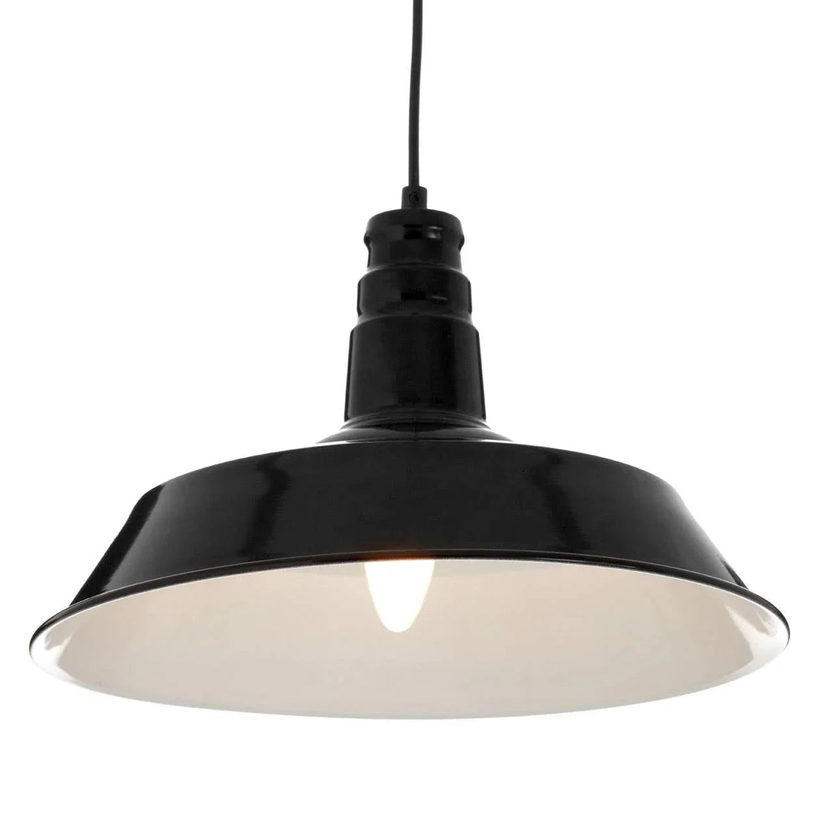 Black metal pendant ceiling light with wide shade and visible bulb, hanging fixture front view