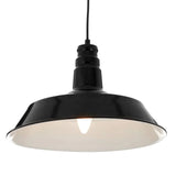 Black metal pendant ceiling light with wide shade and visible bulb, hanging fixture front view