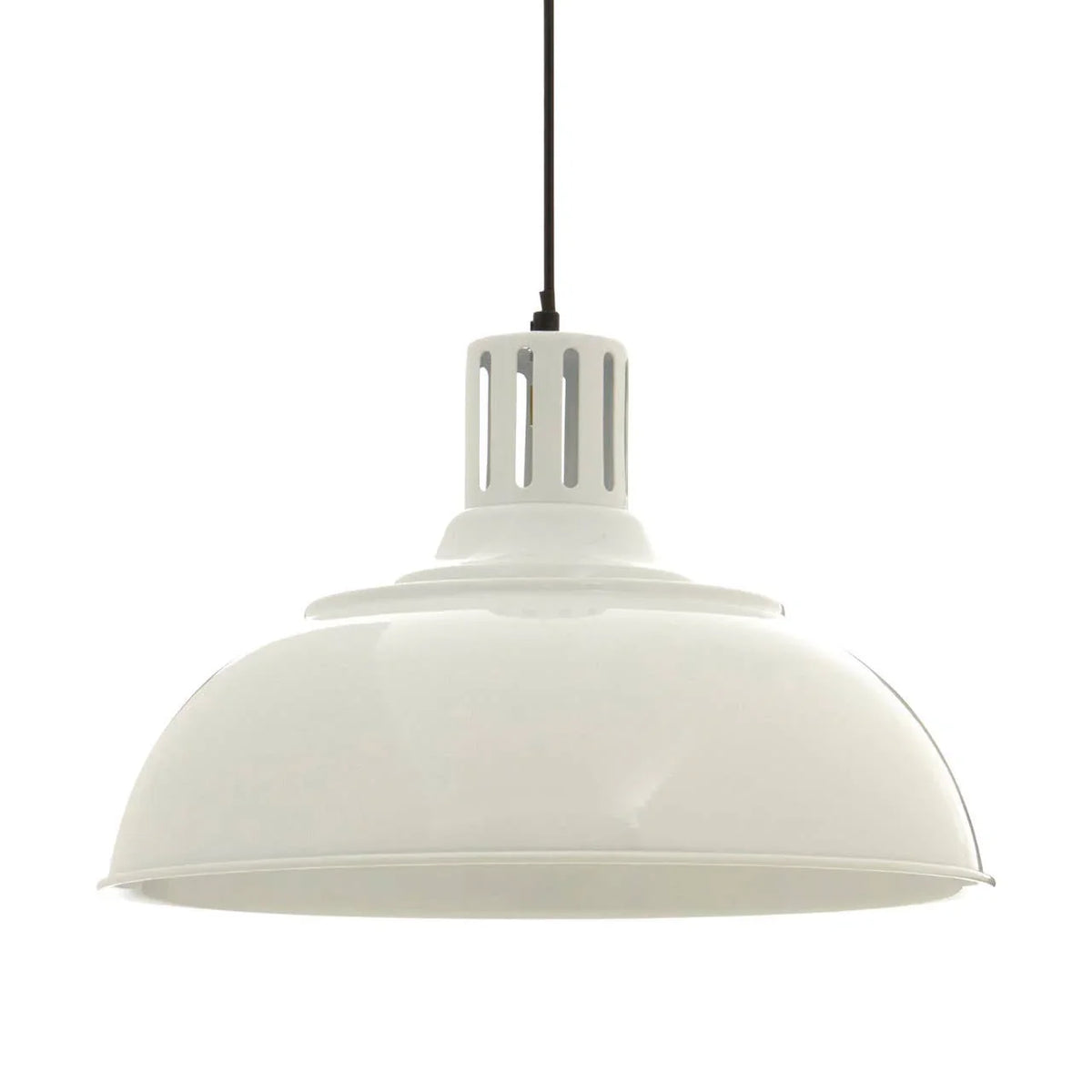White metal pendant light with dome shade and black suspension cord, front view