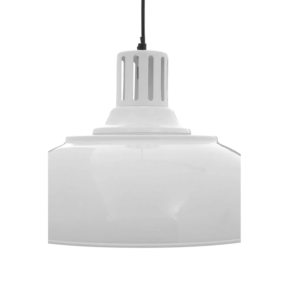 White metal pendant ceiling light with black cord and vented top detail