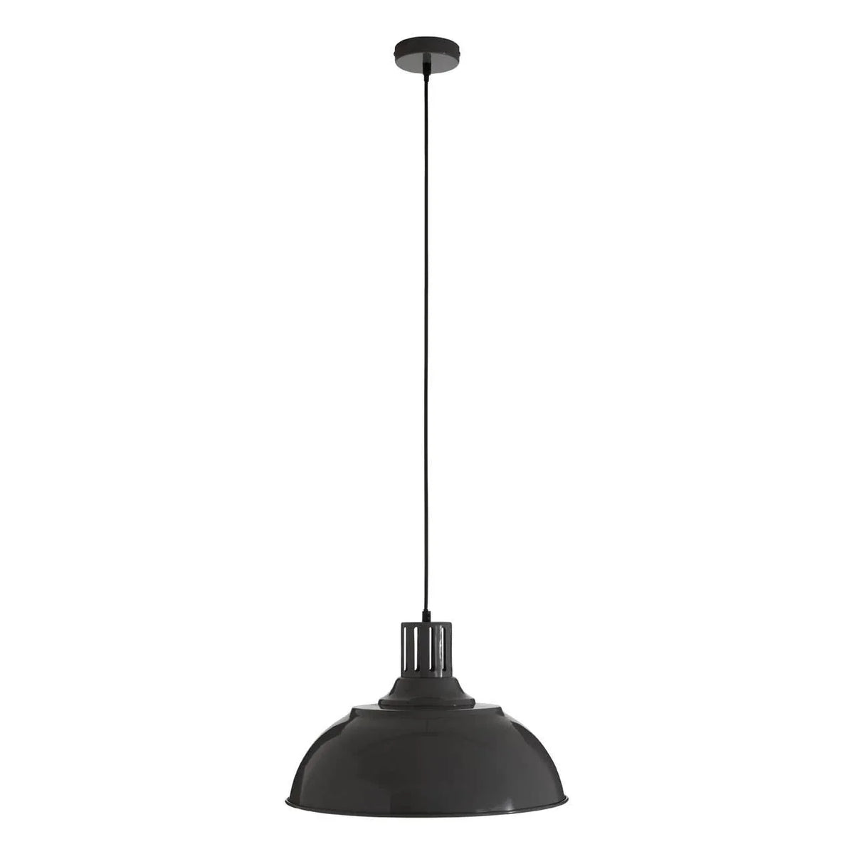 Black industrial pendant light with dome shade and ceiling rose, isolated on white background