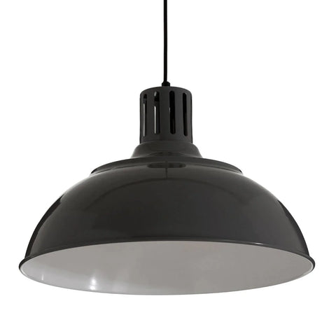 Black metal pendant light with dome shade and matte finish, hanging from ceiling