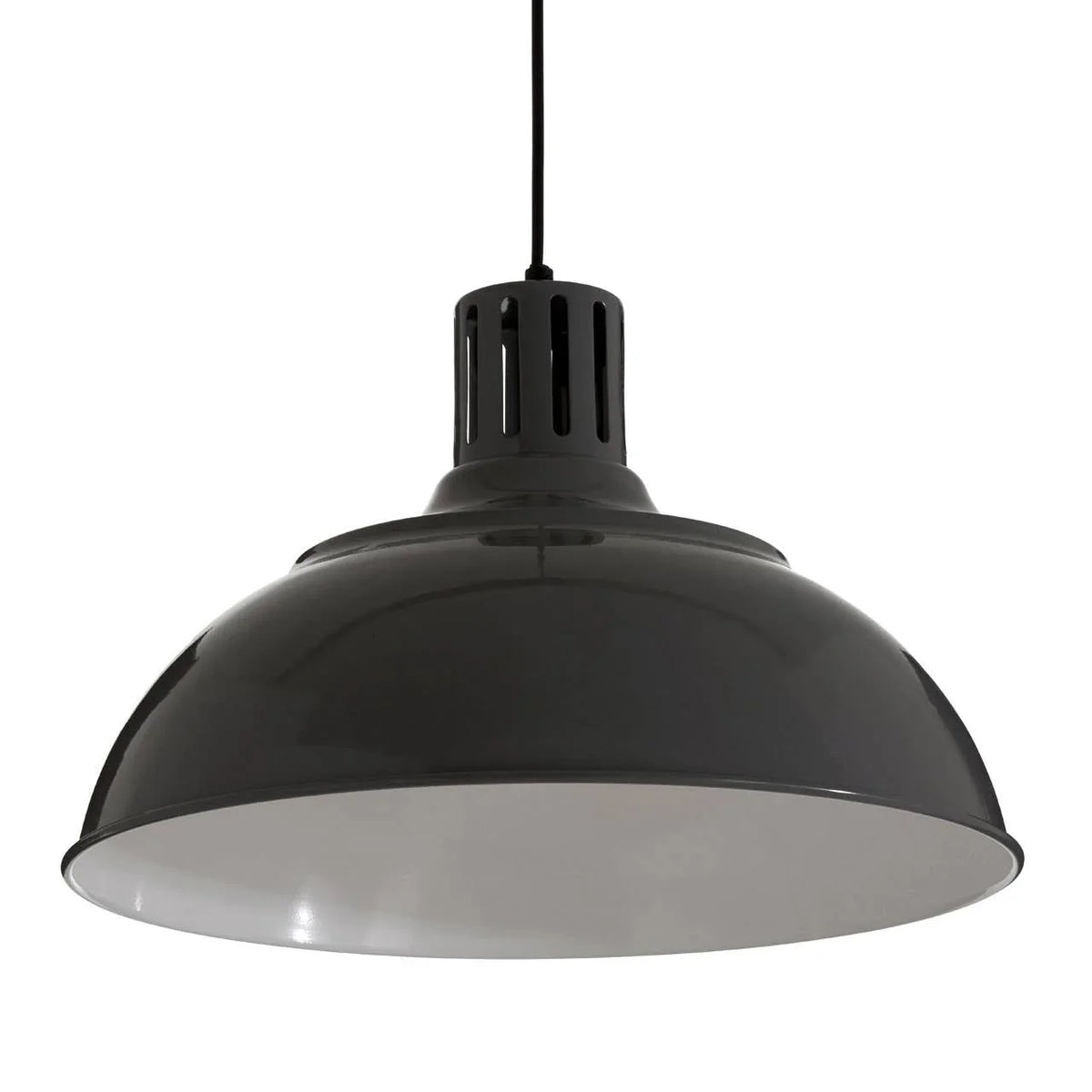 Black metal pendant light with dome shade and matte finish, hanging from ceiling