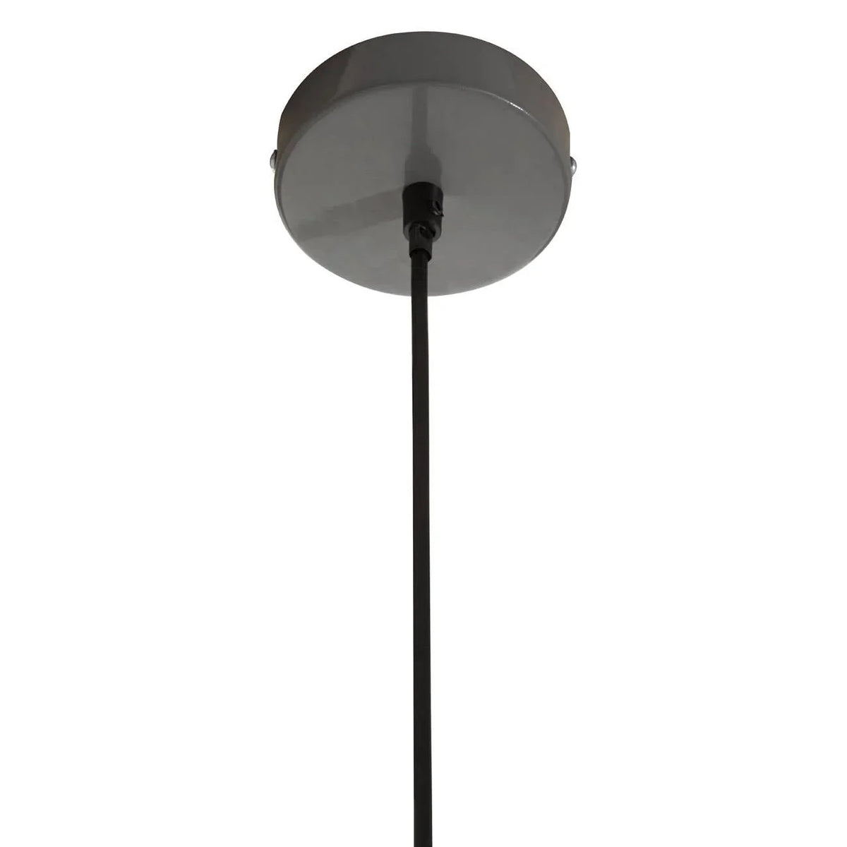 Black ceiling rose with pendant light cable and metal fitting, close-up view