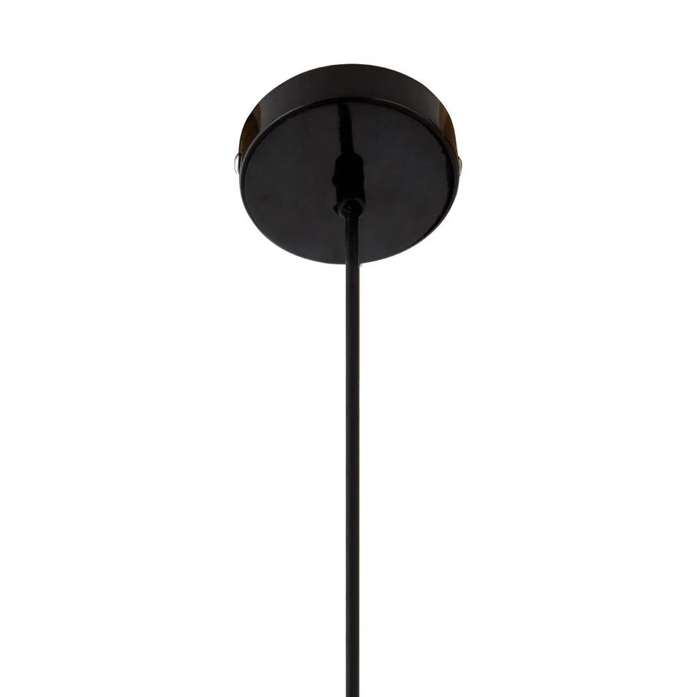 Black ceiling rose and cord for pendant light fixture, upward close-up view