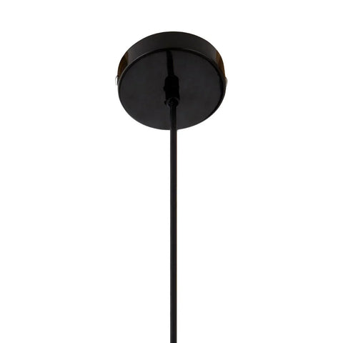 Black ceiling rose and cord for pendant light fixture, upward close-up view
