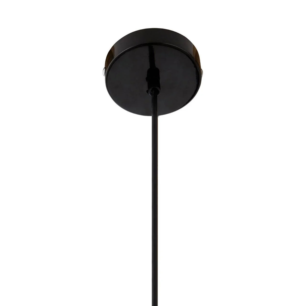 Black ceiling rose and cord for pendant light fixture, upward close-up view