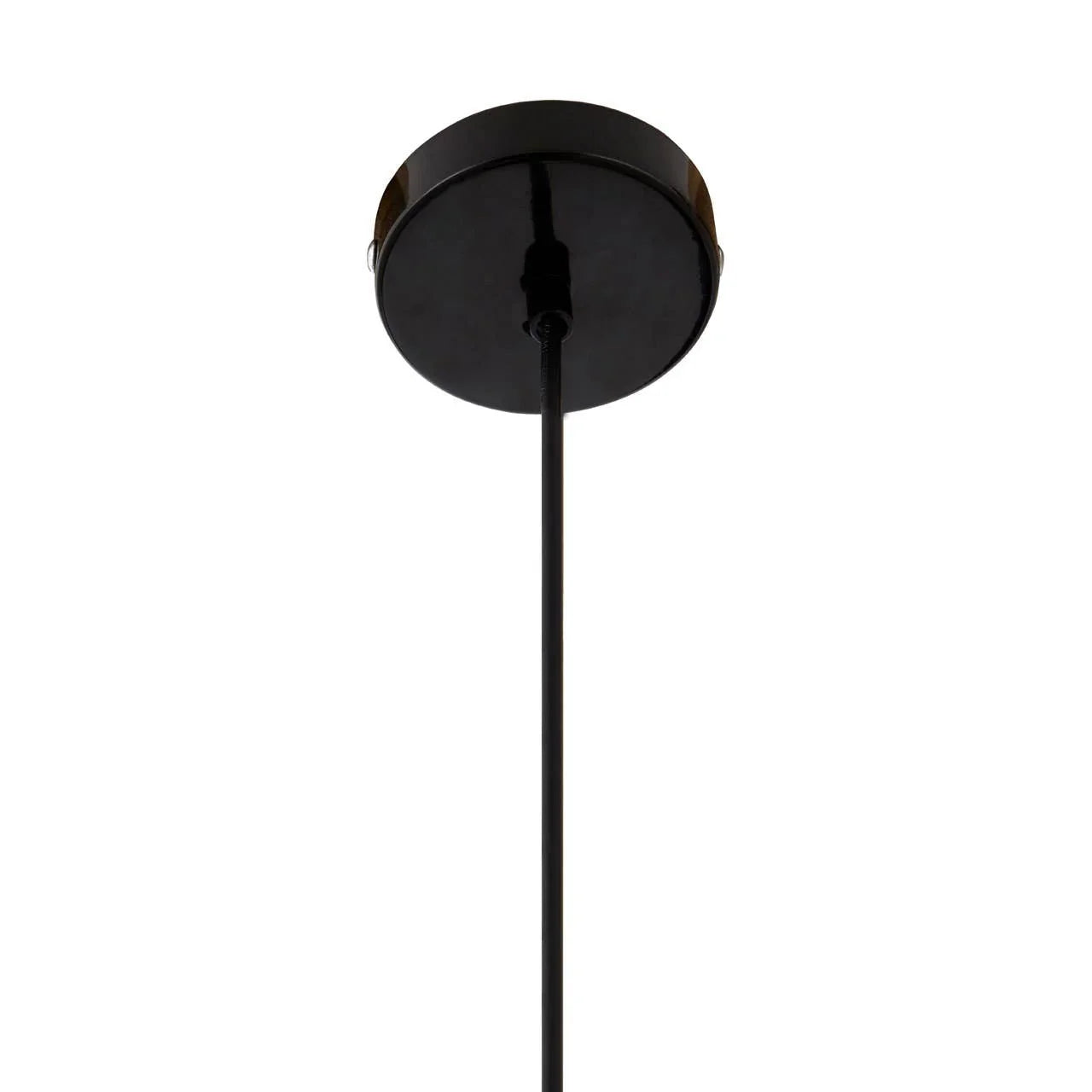 Black ceiling rose and cord for pendant light fixture, upward close-up view
