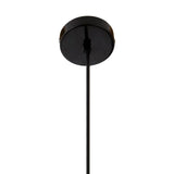 Black ceiling rose and cord for pendant light fixture, upward close-up view