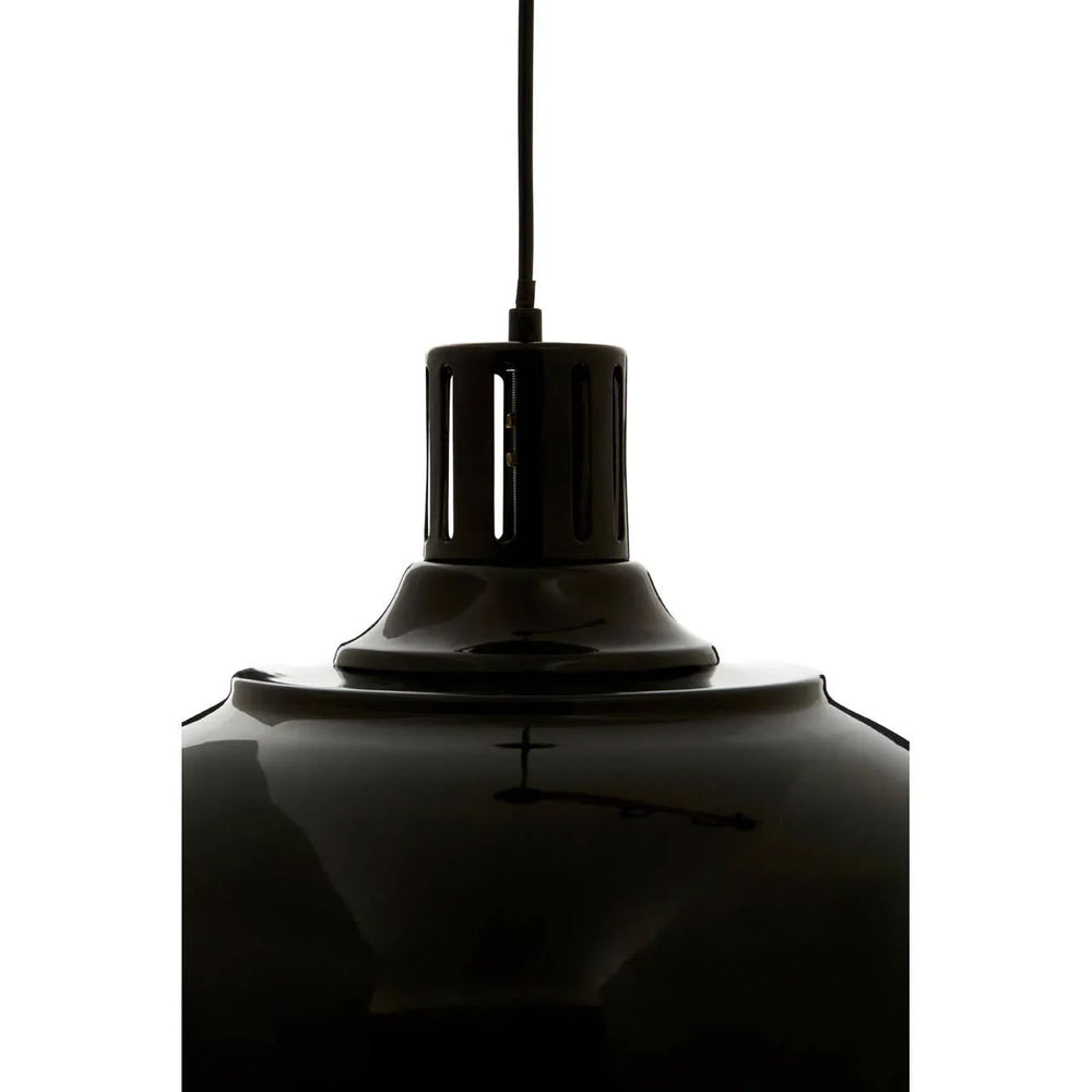 Glossy black pendant ceiling light with visible cord and metal vented fixture detail